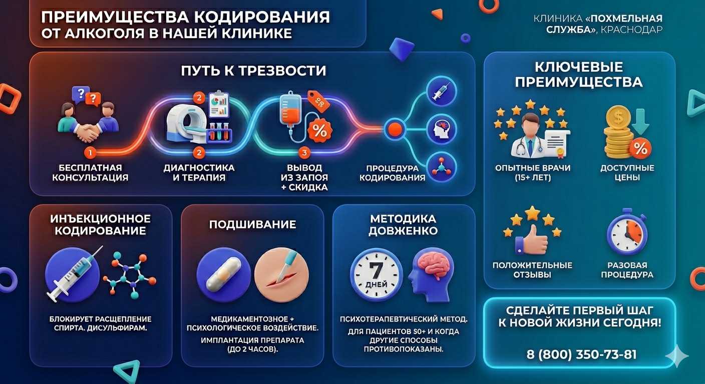 Инфографика о методах кодирования от алкоголя в Чамзинке: инъекции, подшивание, метод Довженко. Преимущества клиники и этапы лечения.